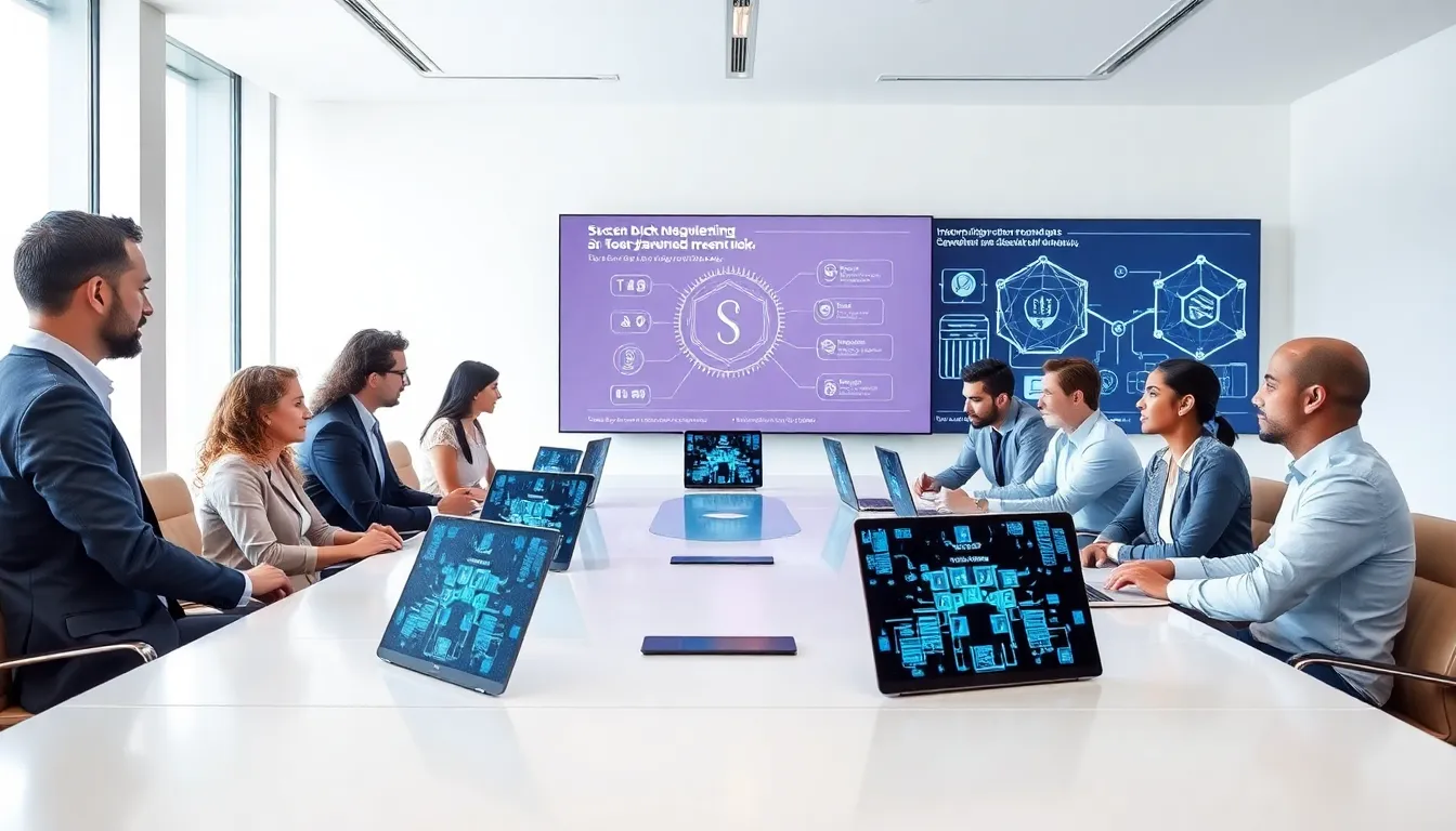 professionals discussing blockchain technology in a modern office.