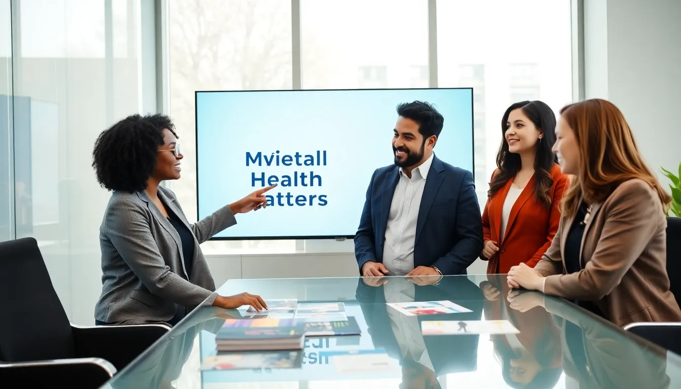 diverse team discussing mental health in a modern office.