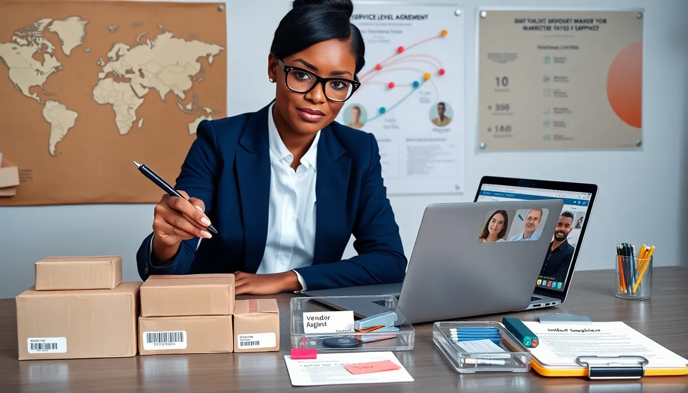 Procurement manager at table with labeled vendor materials and world map