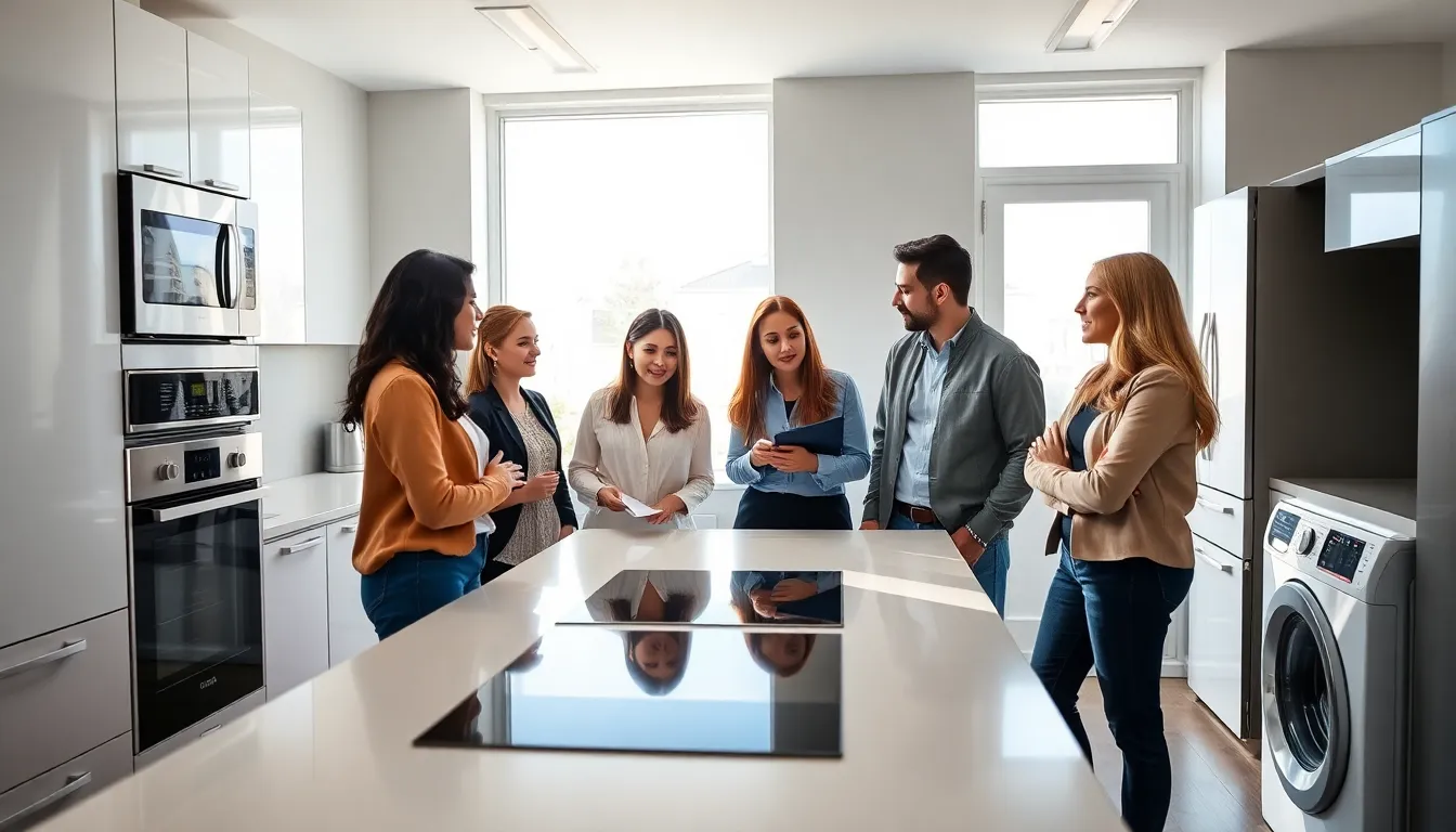 diverse professionals discussing modern home appliances in a stylish kitchen.