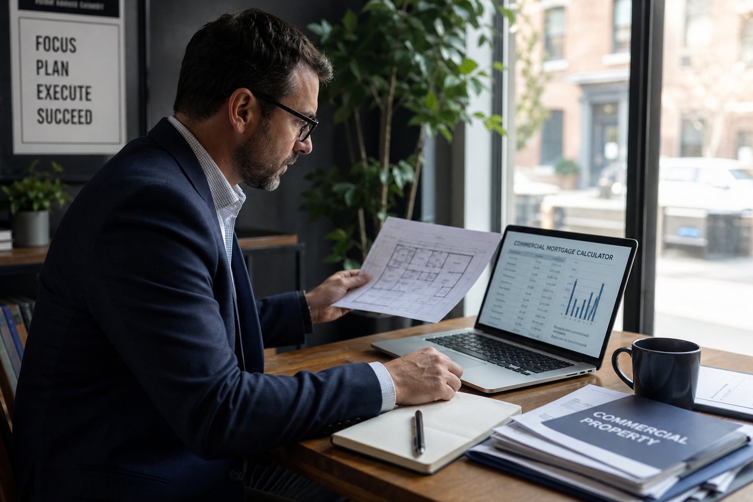Business owner reviewing commercial mortgage documents on a laptop by a window.