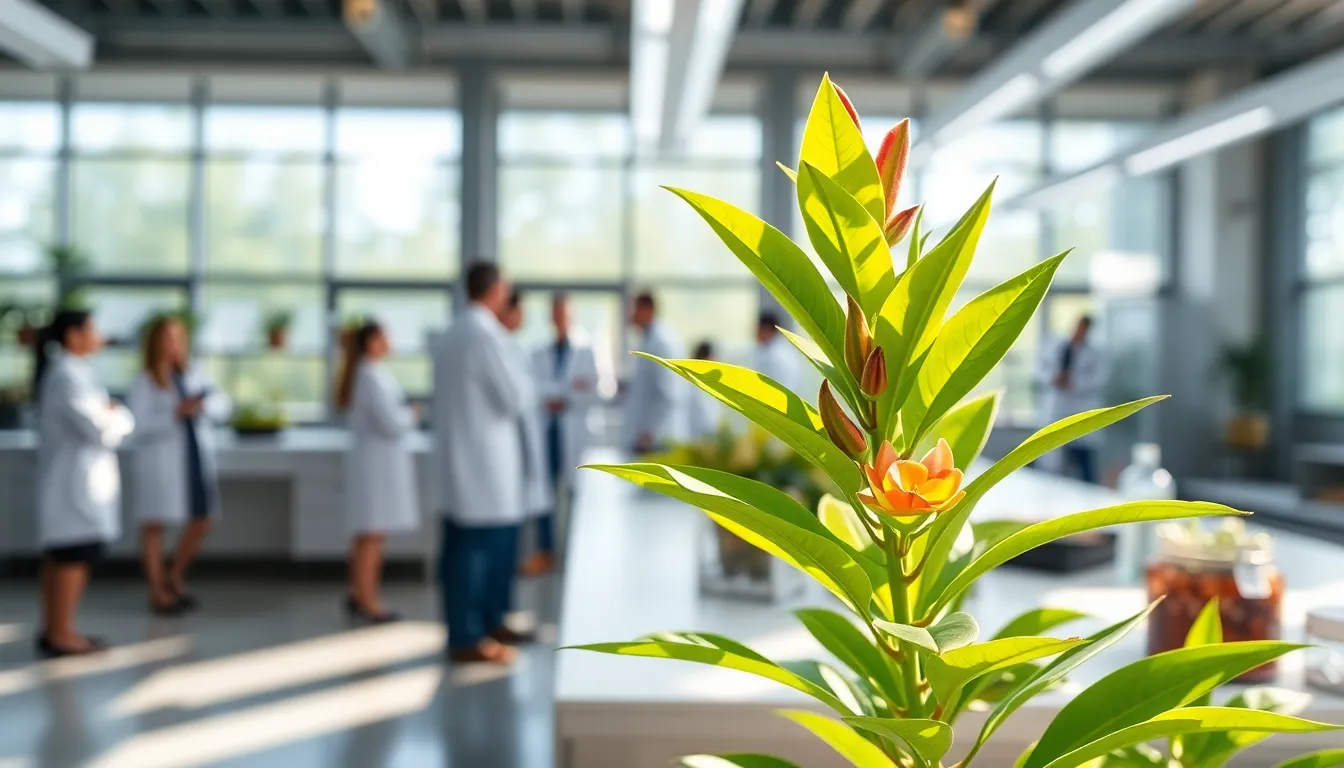 Alomesteria plant in a modern botanical research lab with diverse scientists.