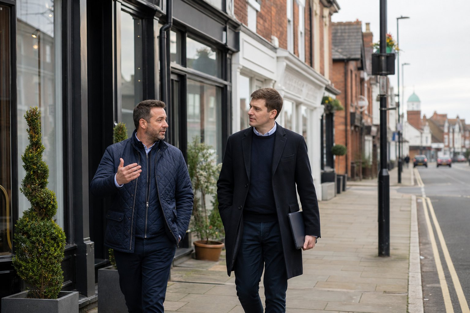 Commercial Mortgage Broker Lytham 13 Commercial property buyer walking with adviser along a tidy street of business premises in Lytham.