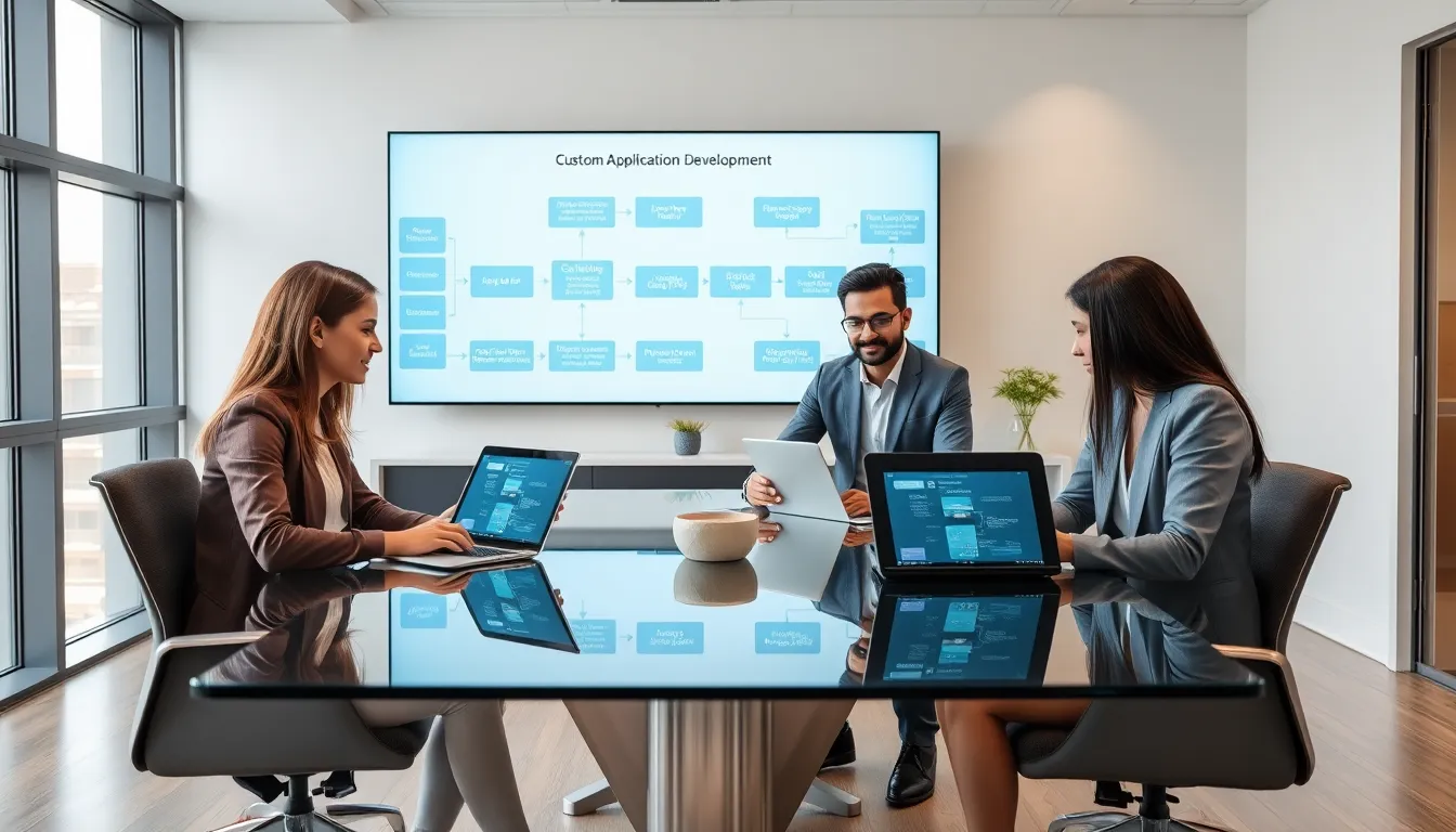 diverse team discussing custom business application development in a modern office.