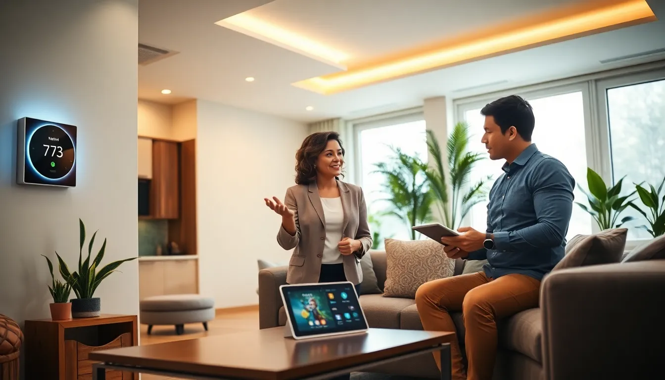 diverse professionals discussing home automation technology in a modern living room.