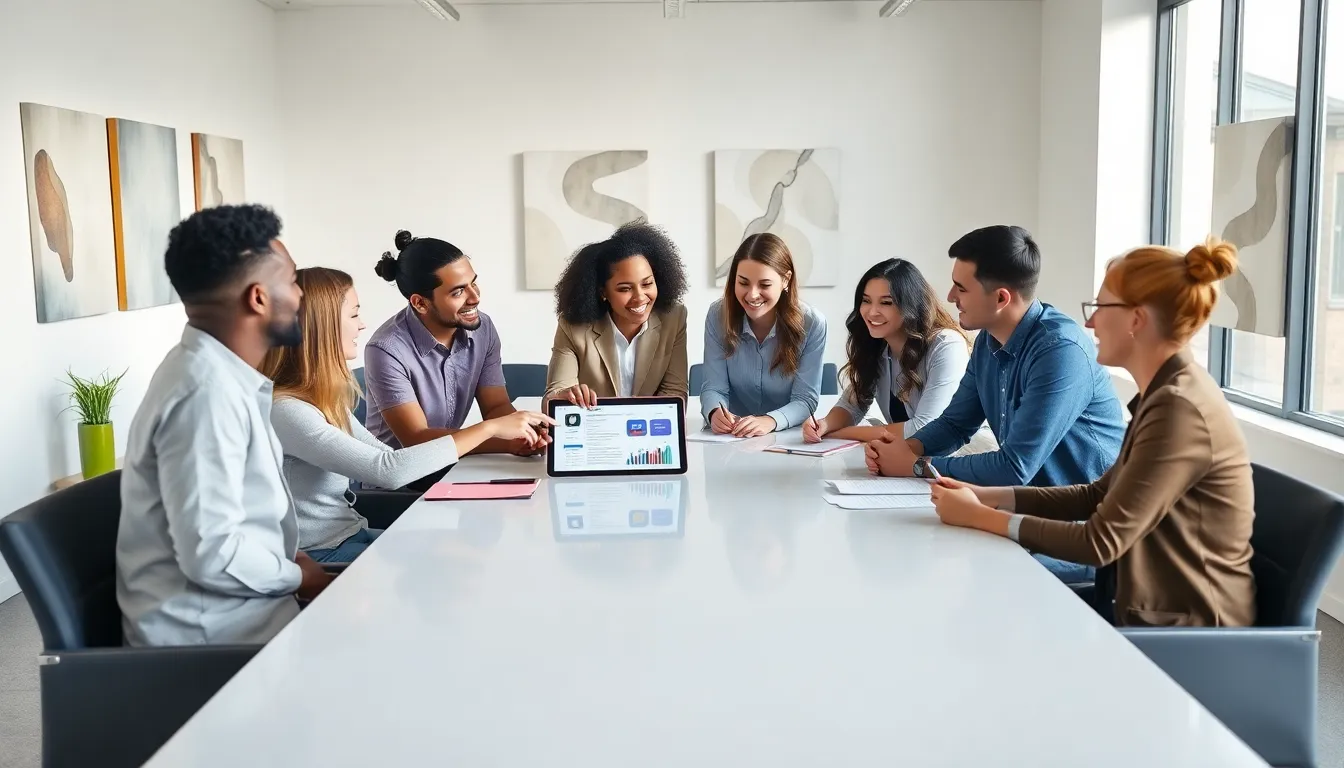 diverse team collaborating on low code automation tools in a modern office.