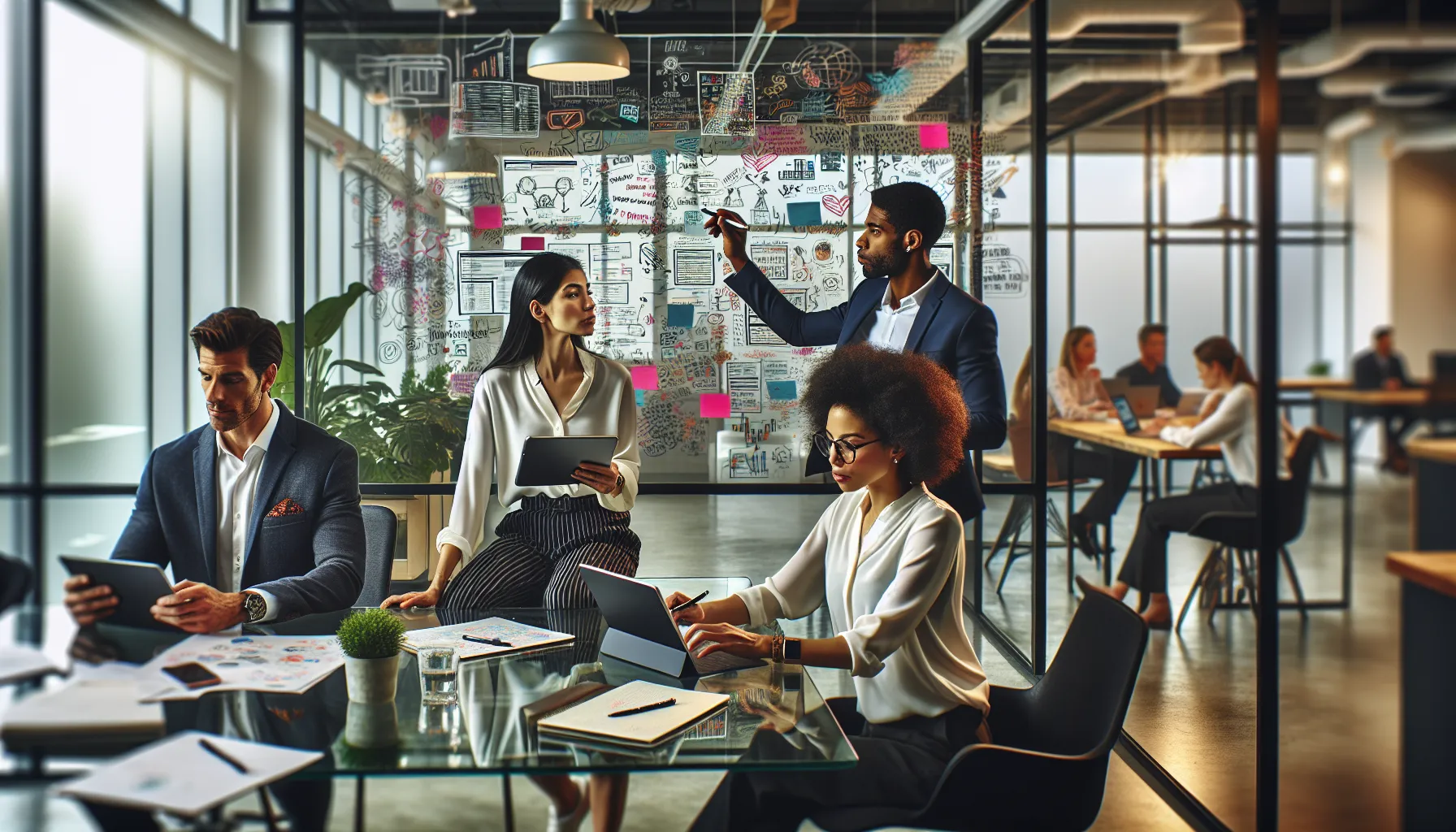 diverse team collaborating in a modern office space.