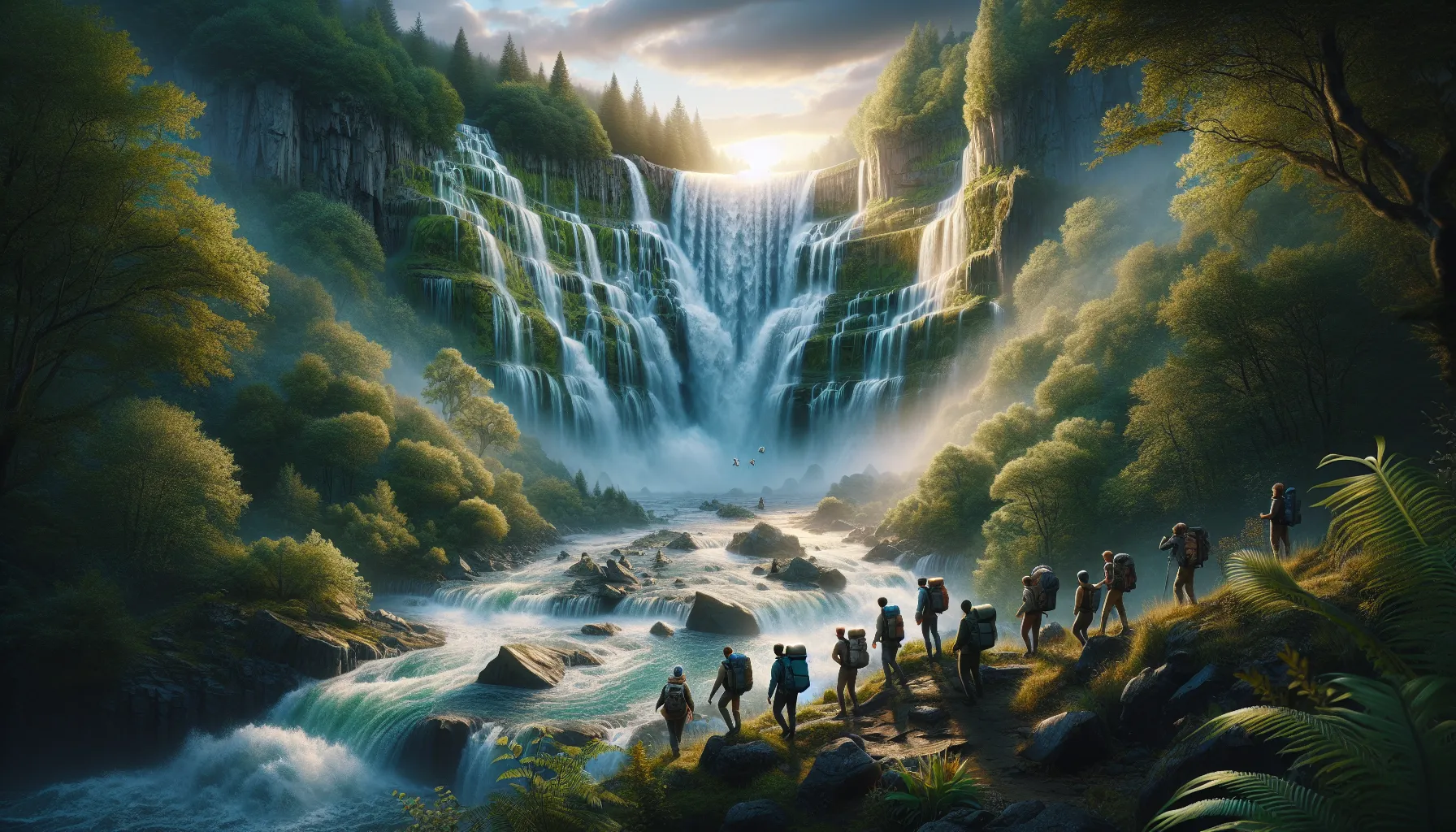 View of Follheur Waterfall with adventurers observing safely.