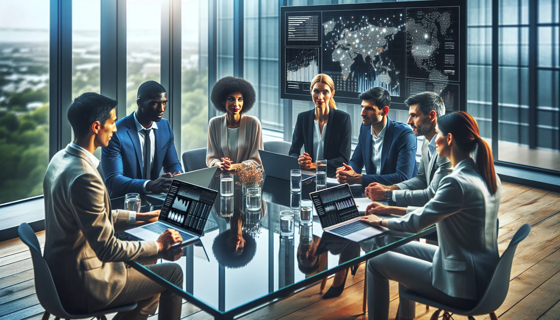 diverse team discussing data analytics in a modern office.