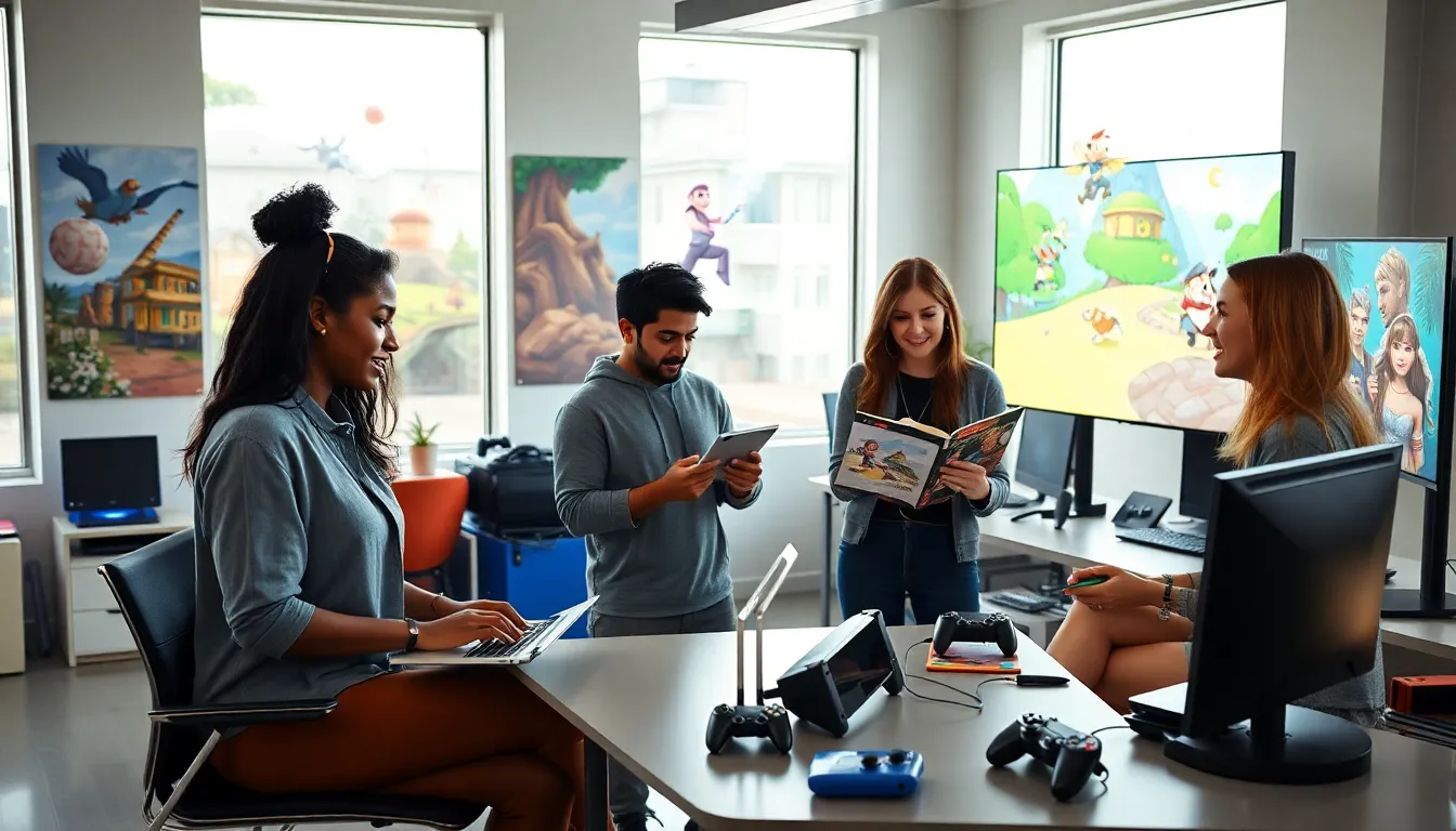 a diverse team of game developers brainstorming in a modern studio.