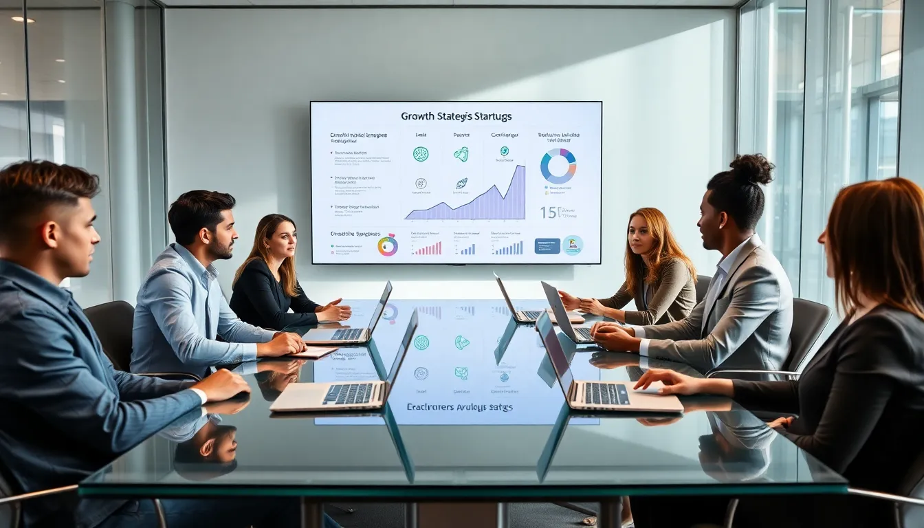 diverse team discussing growth strategies in a modern conference room