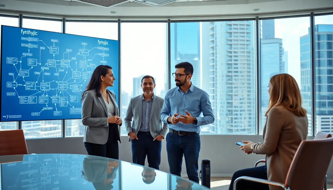 diverse team collaborating in an office on complex systems.