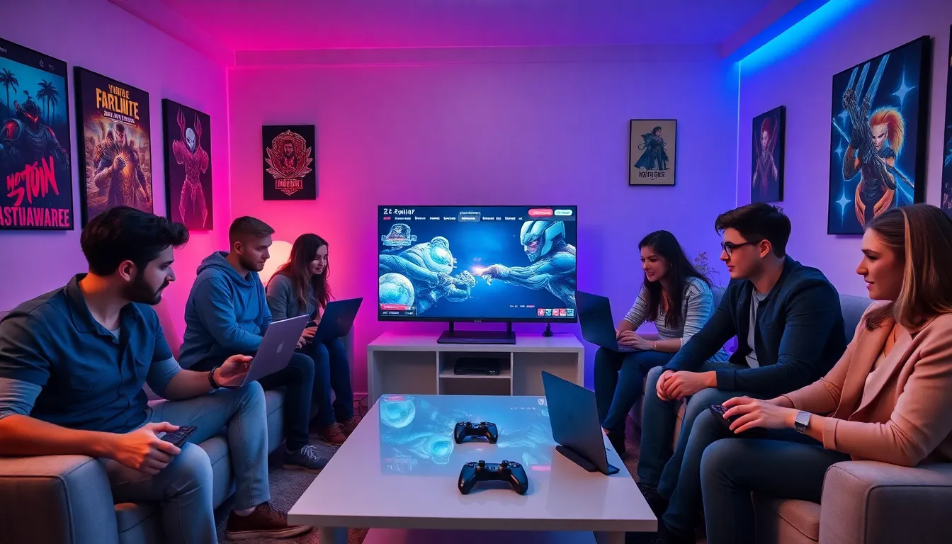 diverse group gaming together in a modern gaming room.