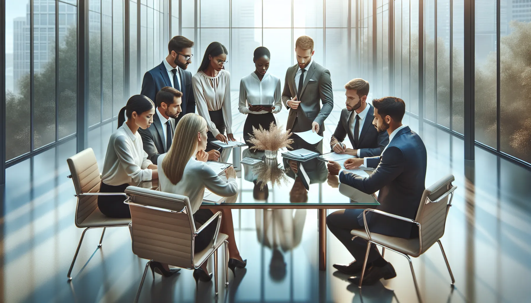 diverse professionals discussing in a modern office.