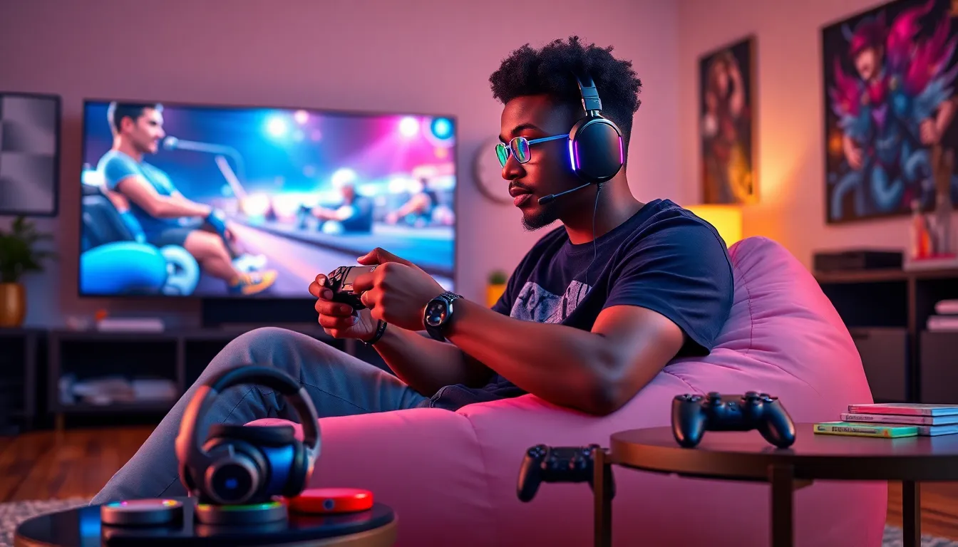 A gamer enjoying PlayStation with headsets and custom controllers in a cozy room.