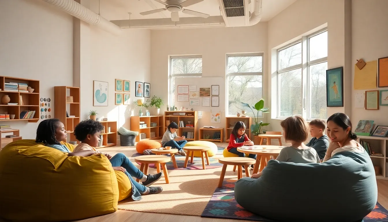 students engaged in diverse learning activities in a modern classroom.