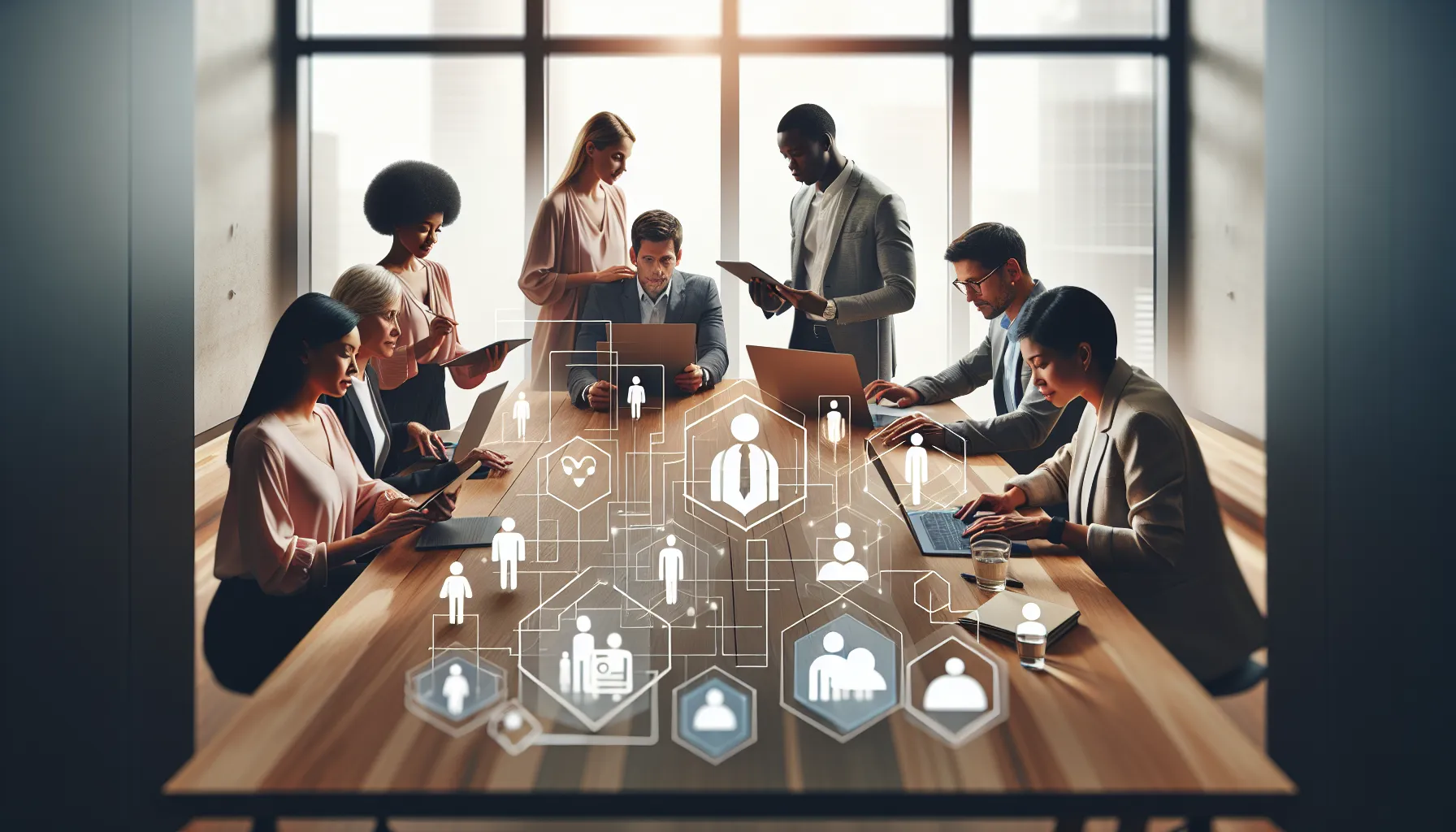 diverse team collaborating around laptops in a modern workspace.