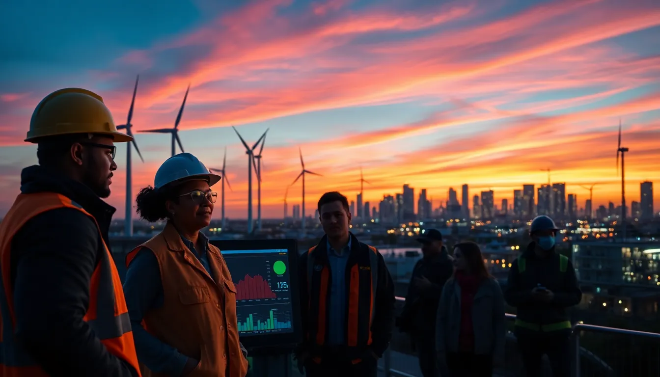 engineers collaborating on energy solutions with wind turbines in the background.