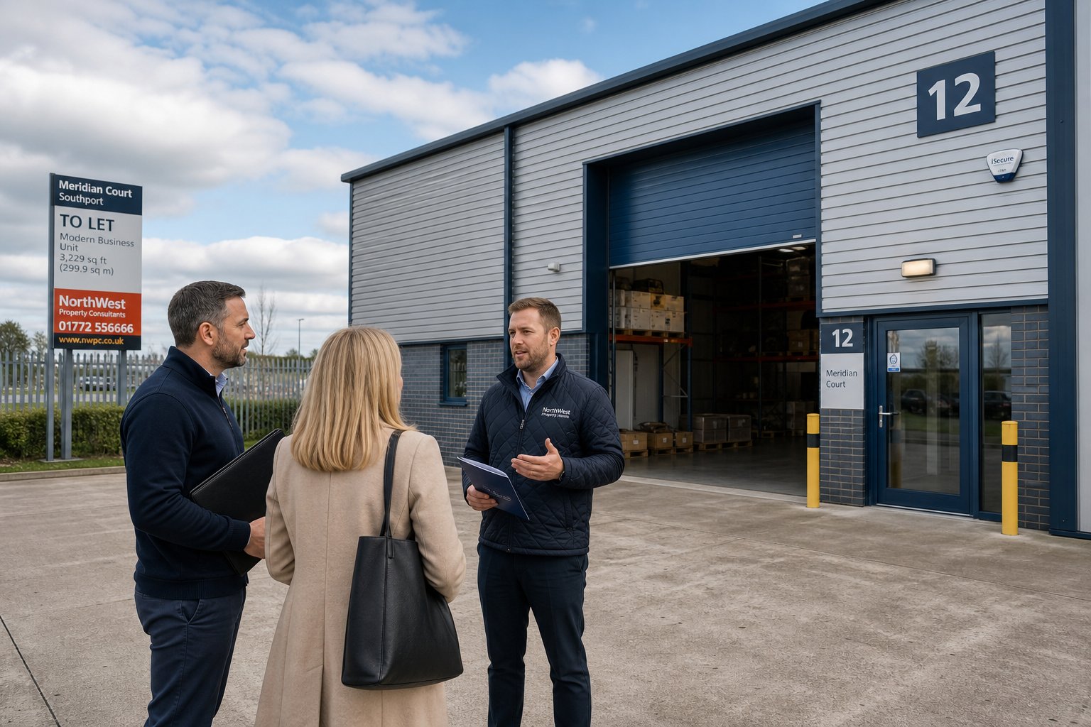 Mortgage broker, investor, and agent viewing a warehouse-style commercial unit on an industrial estate near Southport.