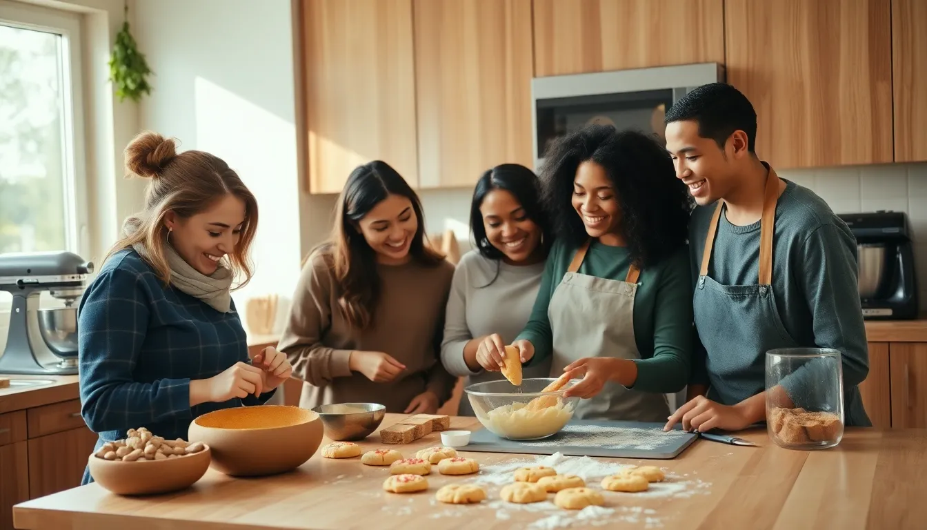 Diverse bakers creating bread cookies in a warm kitchen setting.