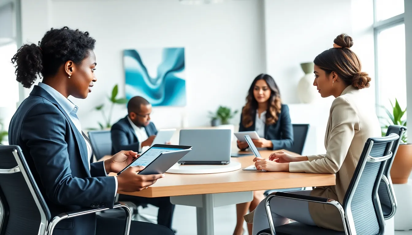 diverse professionals in a modern office discussing finance strategies.