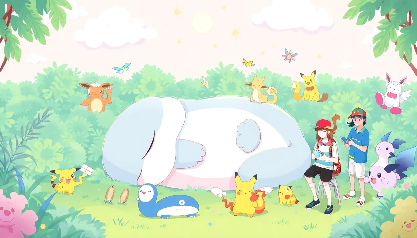 Snorlax sleeping in a serene environment, trainers observing Pokémon mechanics.