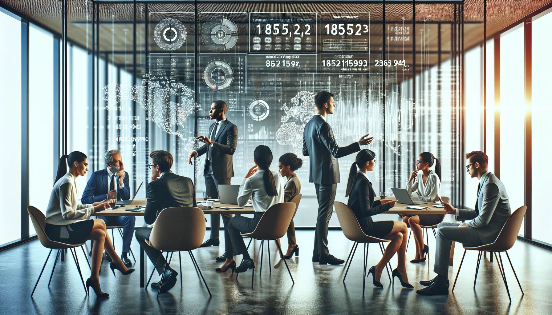 professionals discussing data in a modern office setting.