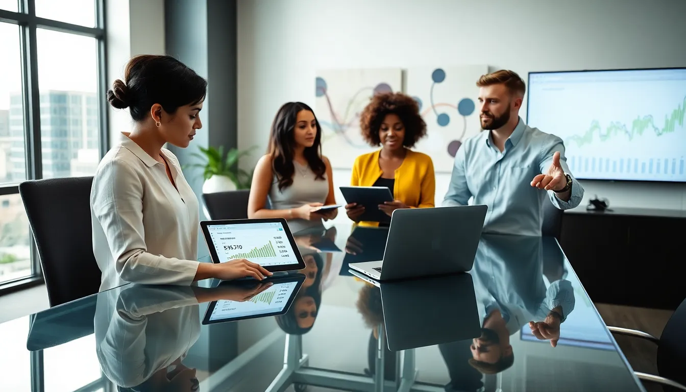 Diverse team discussing data significance in a modern office.