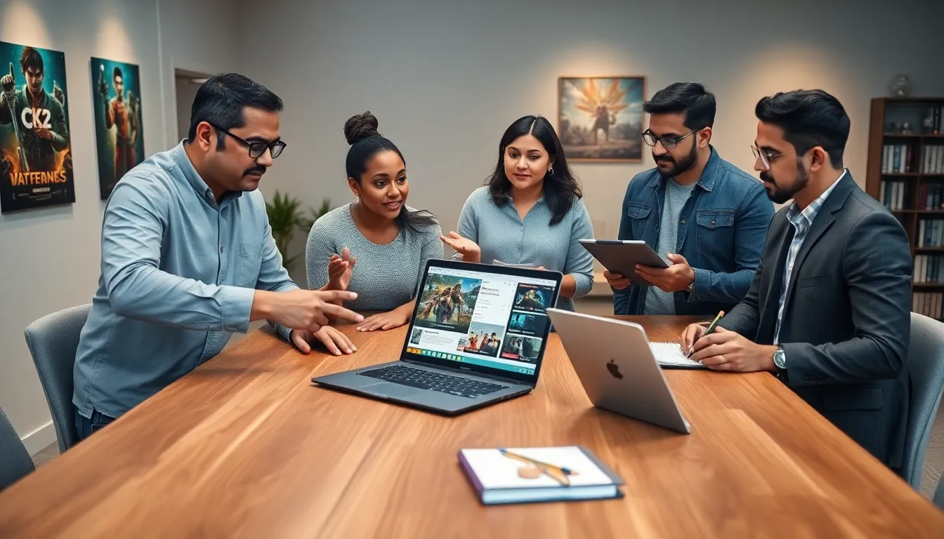 diverse team discussing Crusader Kings II strategies in a modern office.