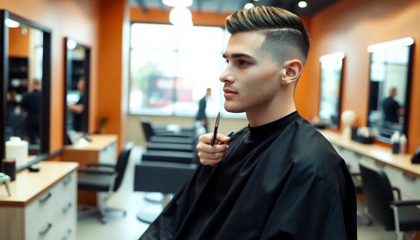 man getting a straight hair mid fade taper haircut in a modern barbershop.
