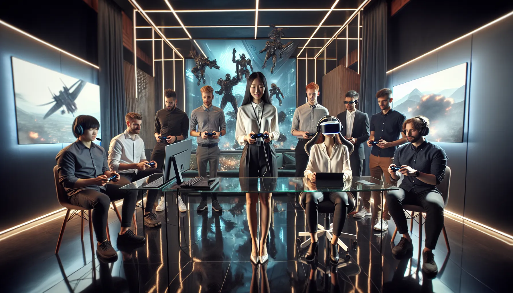 diverse gamers engaged in a high-tech gaming experience.