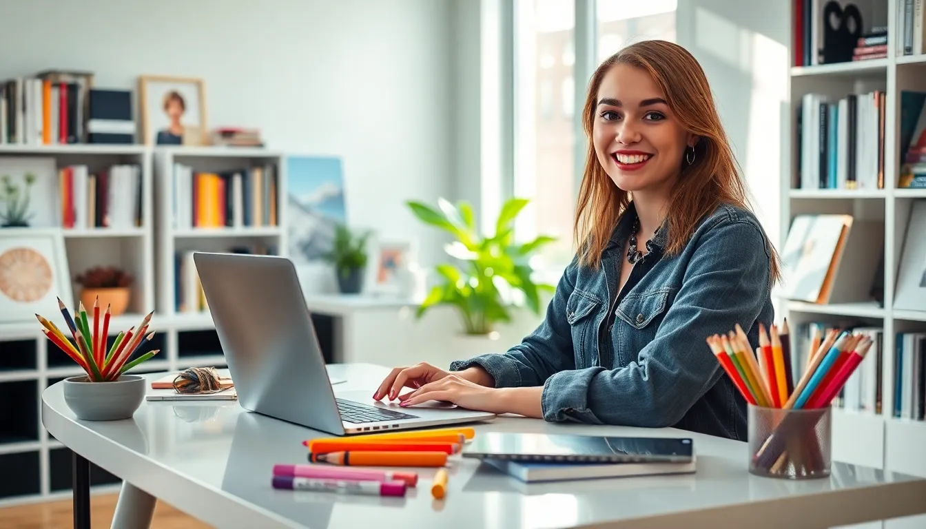 Bridget working in a modern, creative workspace.