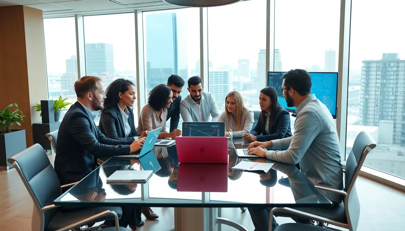 diverse team collaborating in a modern tech office.