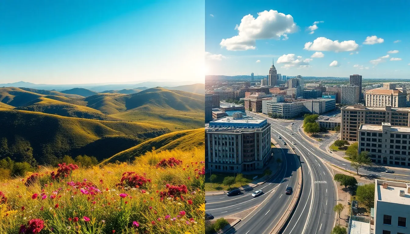 contrasting landscapes showing natural park and urban development.