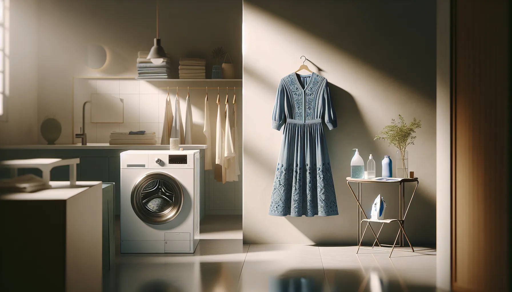 elegant blue dress displayed in a modern laundry setting.