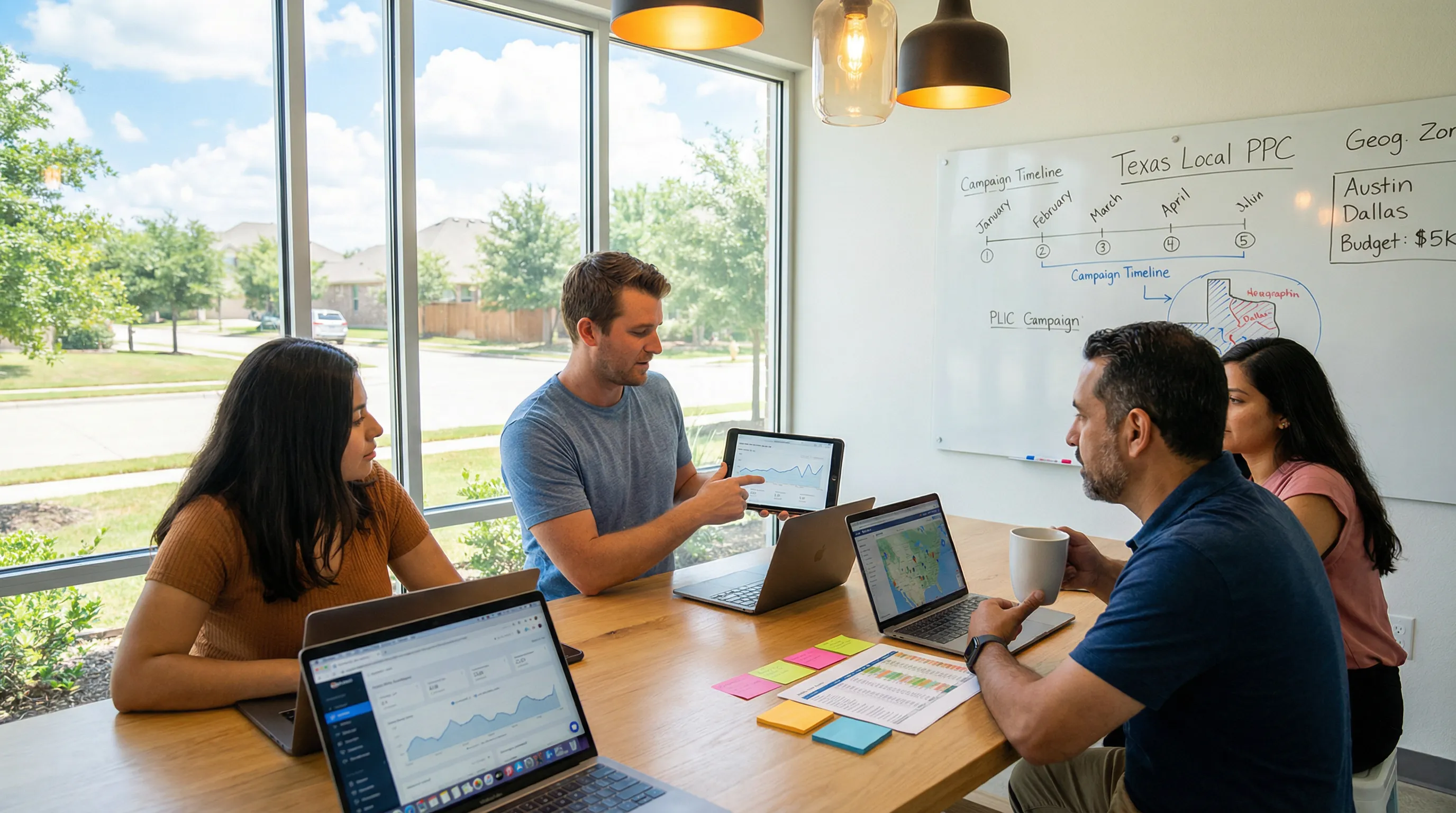 Digital marketing team in a modern office meeting with a local business owner, reviewing PPC campaign performance charts and budget documents in a bright, natural-lit space.