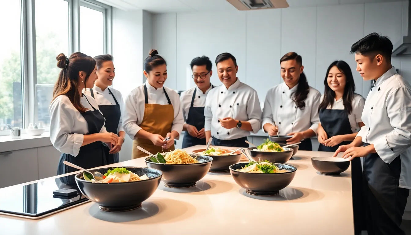 professionals preparing and discussing various types of udon noodles in a modern kitchen.