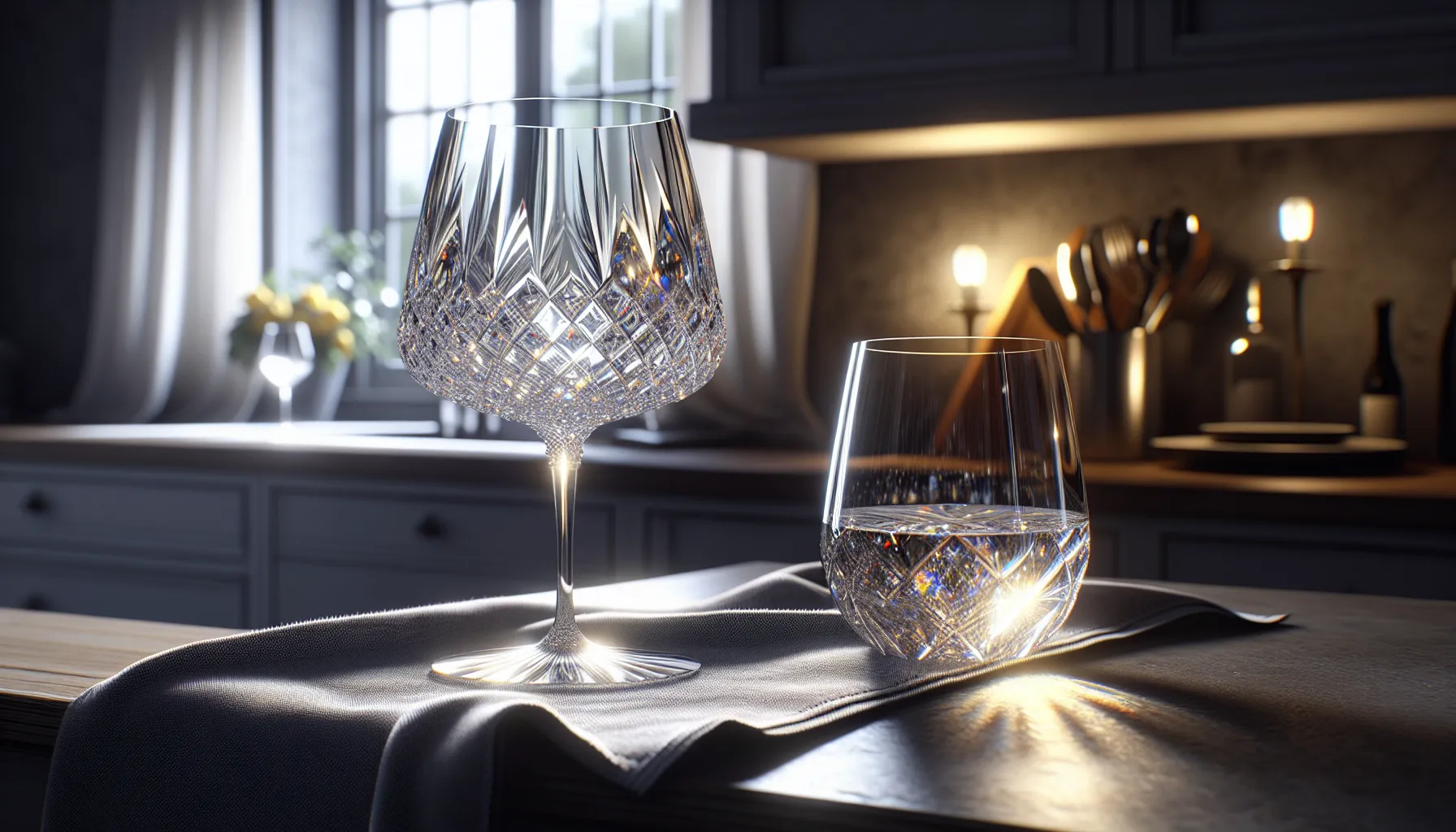 A crystal wine glass and a standard glass tumbler on a kitchen countertop.
