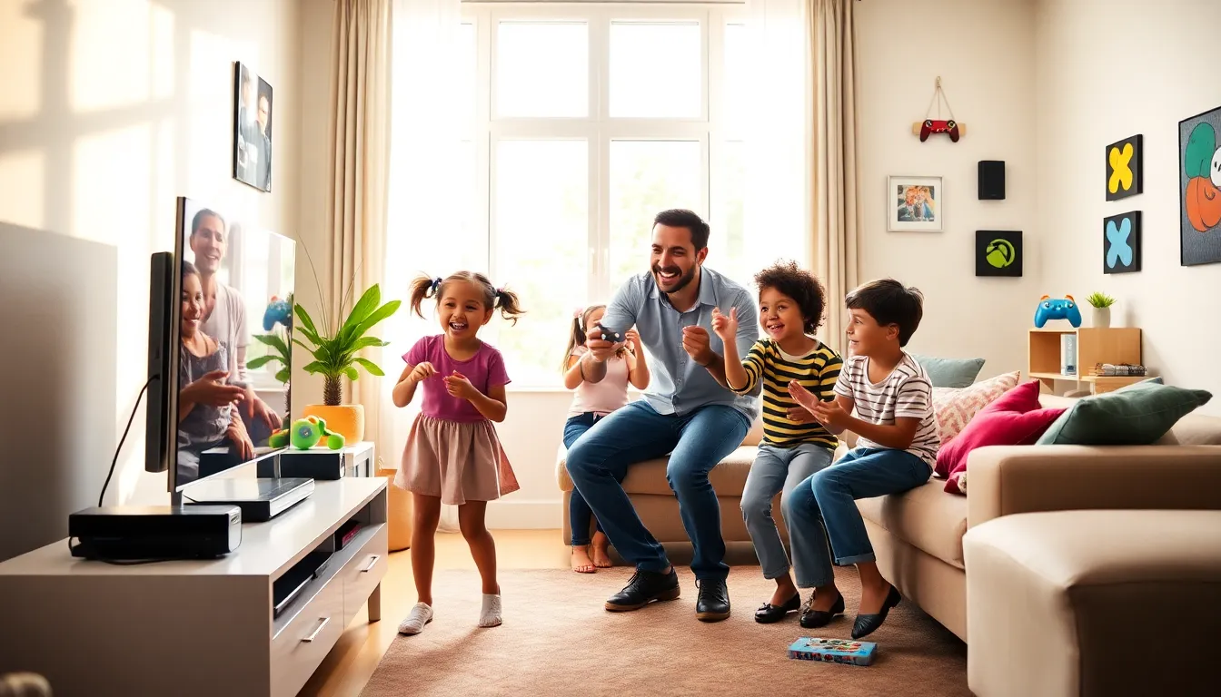 family enjoying gaming together with a Wii console in a cozy living room.