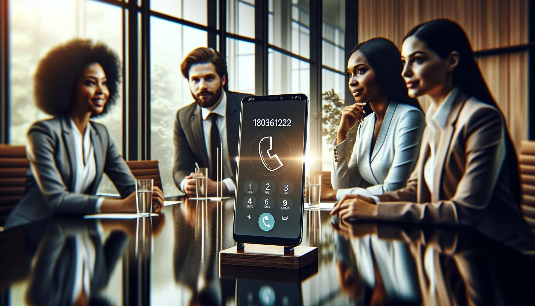 diverse team discussing a toll-free number in a modern office.