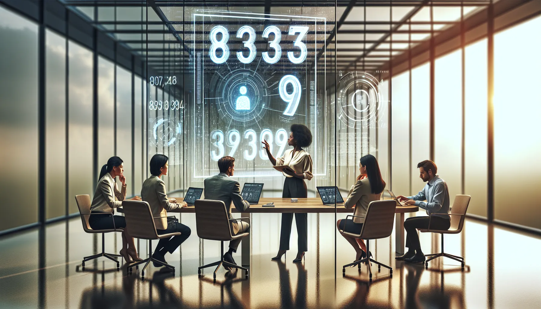 diverse team discussing numbers in a modern office setting.