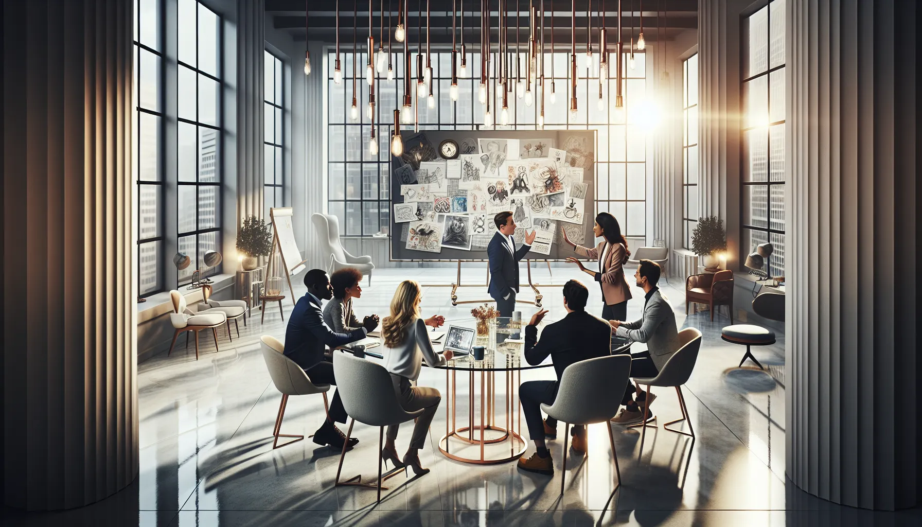 diverse team brainstorming ideas for a television series in a modern office.