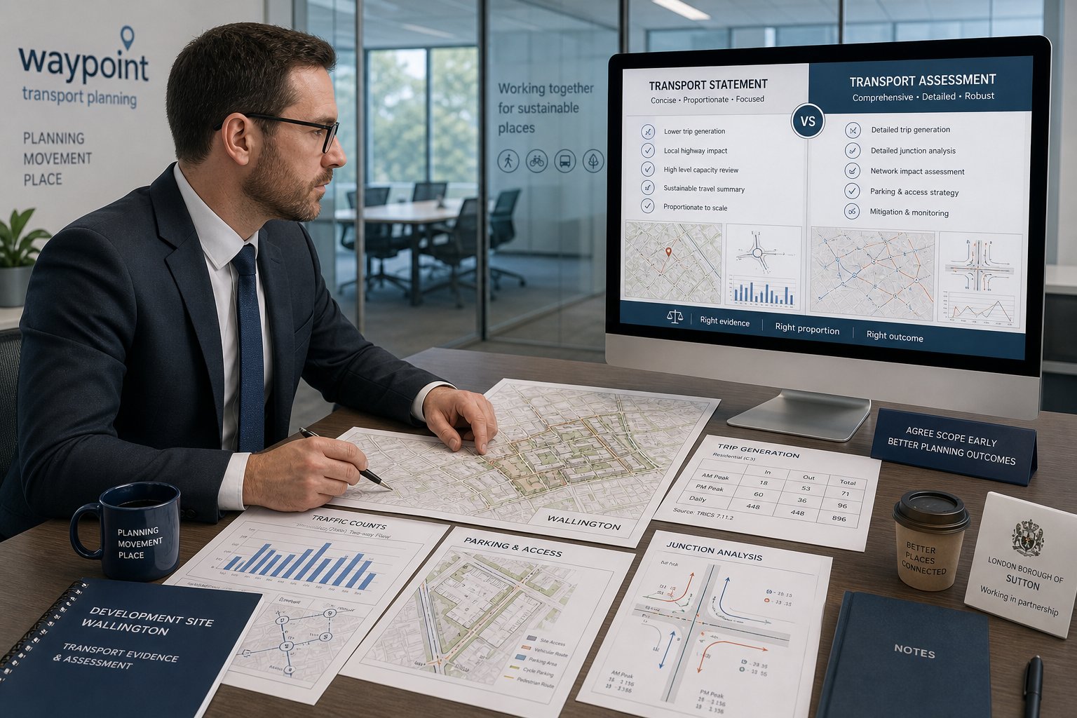 Traffic engineer reviewing transport assessment documents in a modern office.
