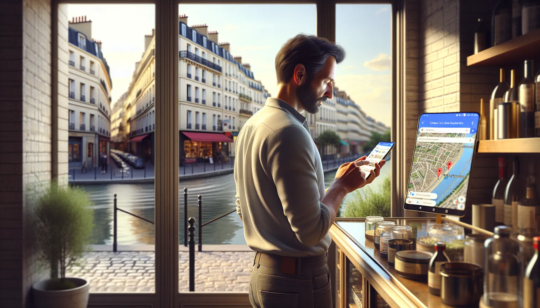 Local business owner in Champigny-sur-Marne checking Google and Maps on smartphone.