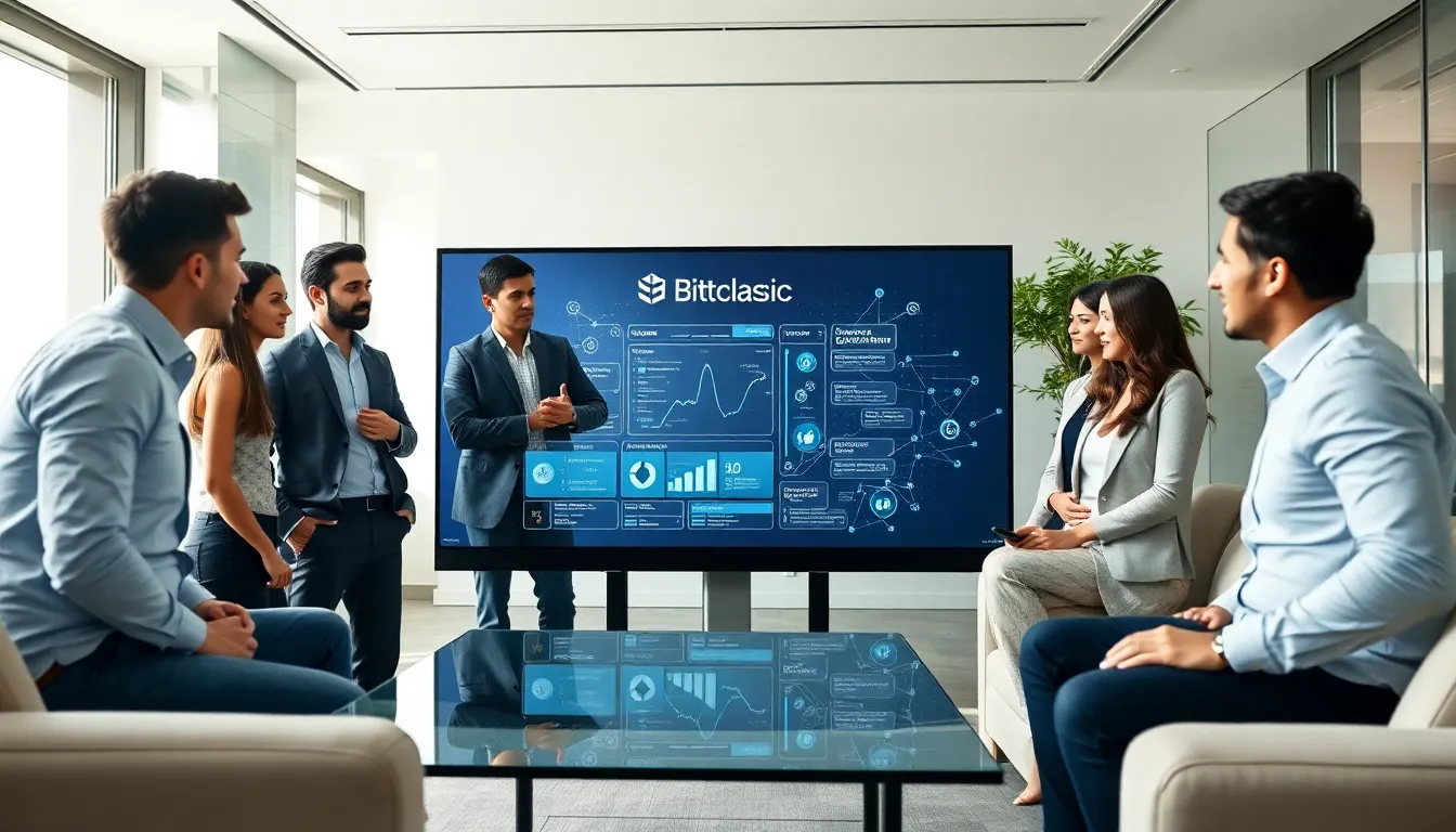 professionals discussing Bitclassic blockchain in a modern office.