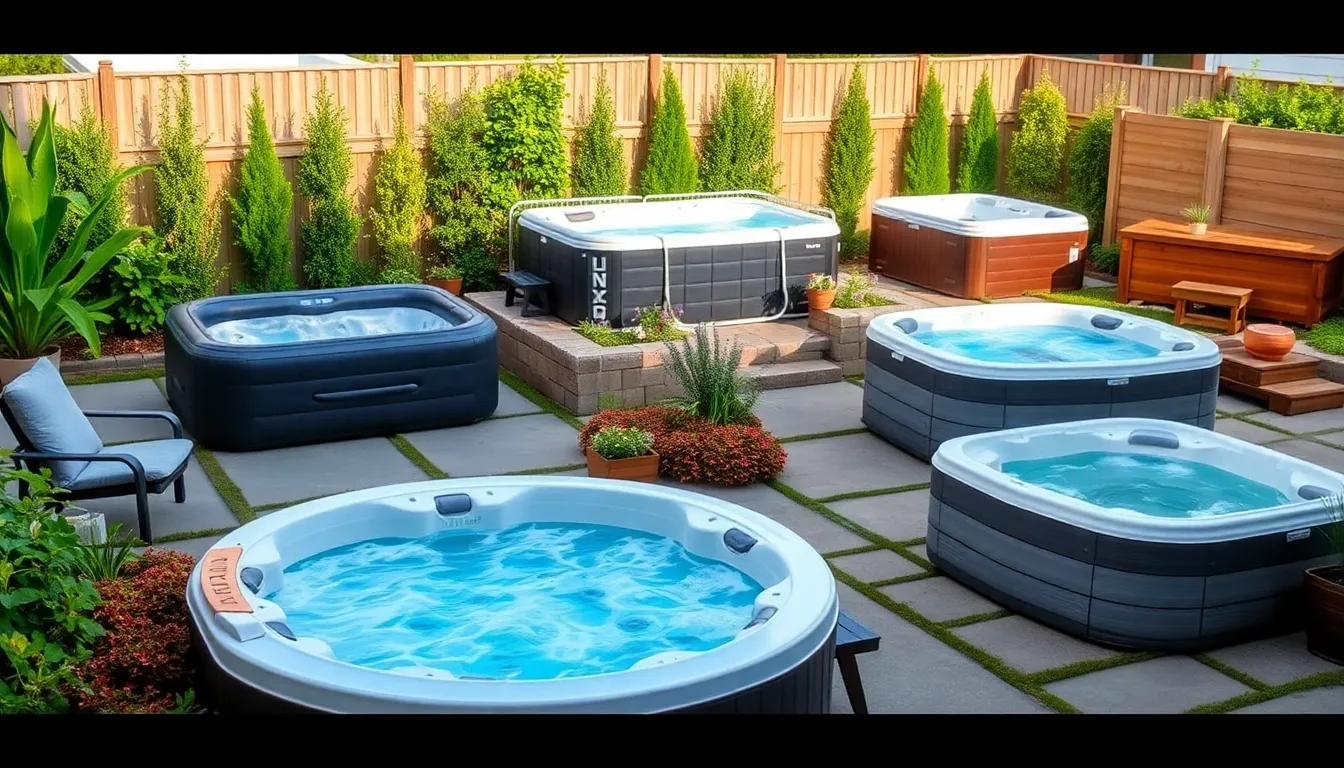 showcase of different types of hot tubs in a lush backyard