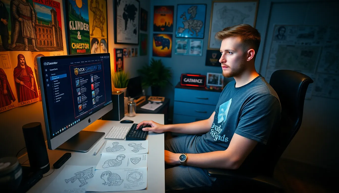 A young man creating a character for Crusader Kings II in a gaming setup.