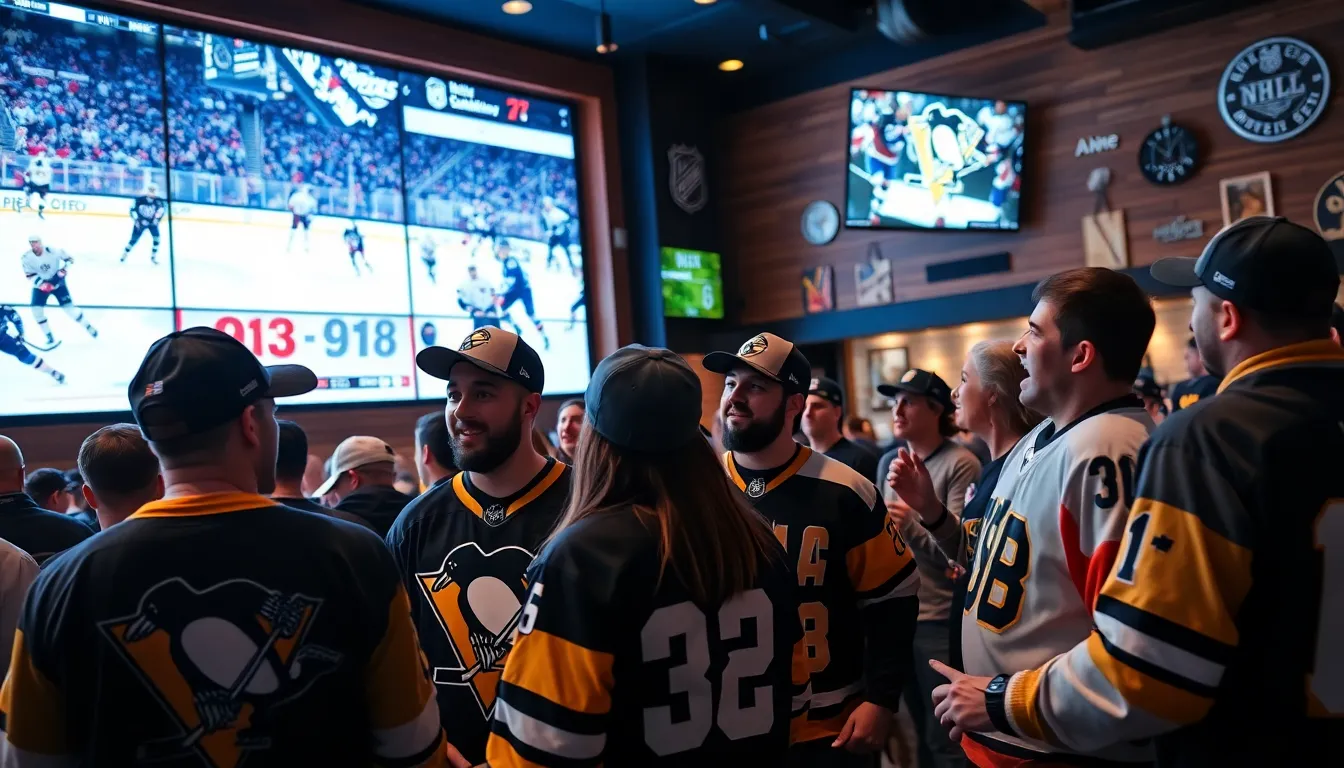 fans celebrating recent NHL game highlights in a sports bar.