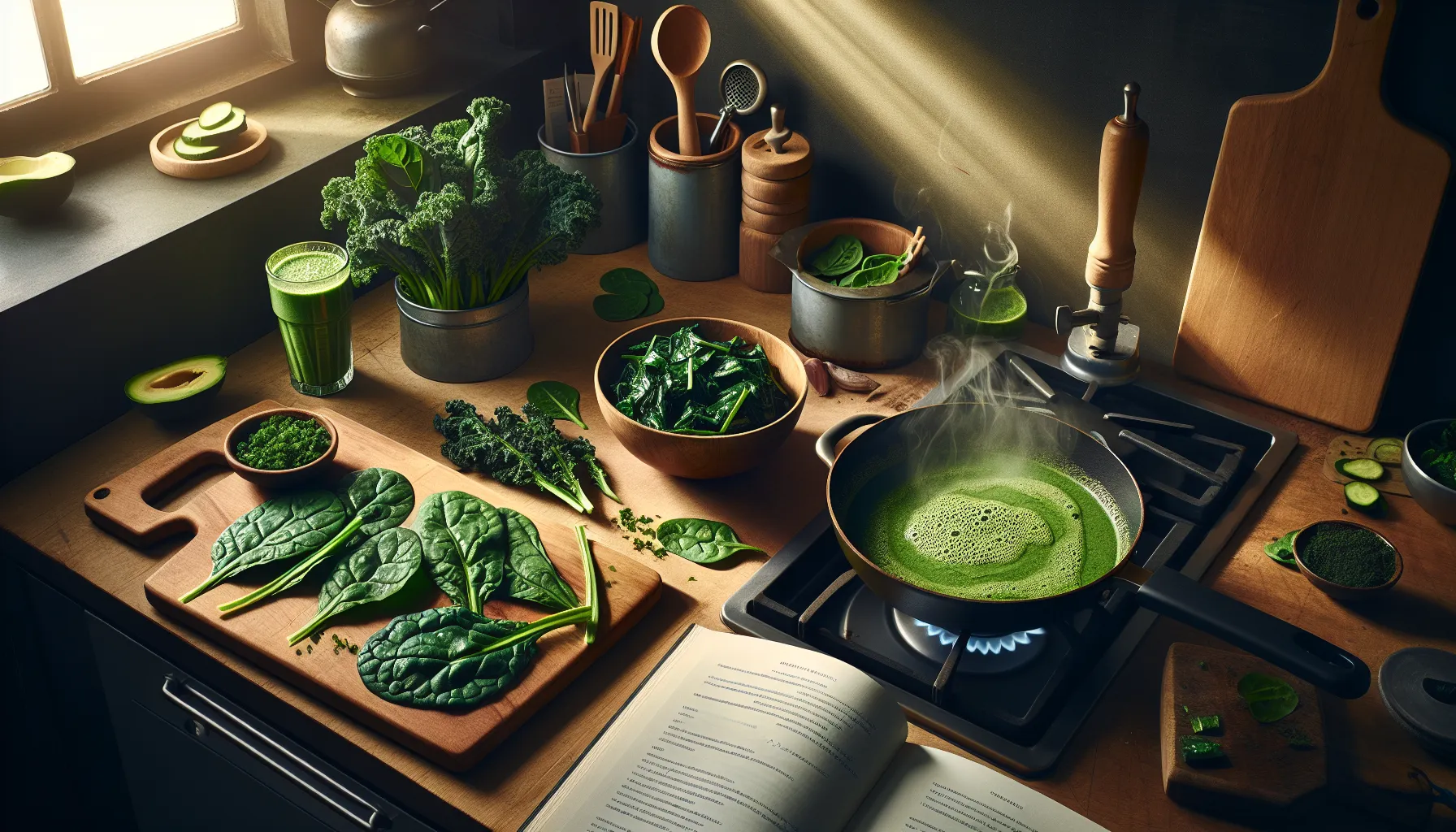 A kitchen counter with kale chips, spinach smoothie, and garlic sautéed spinach.