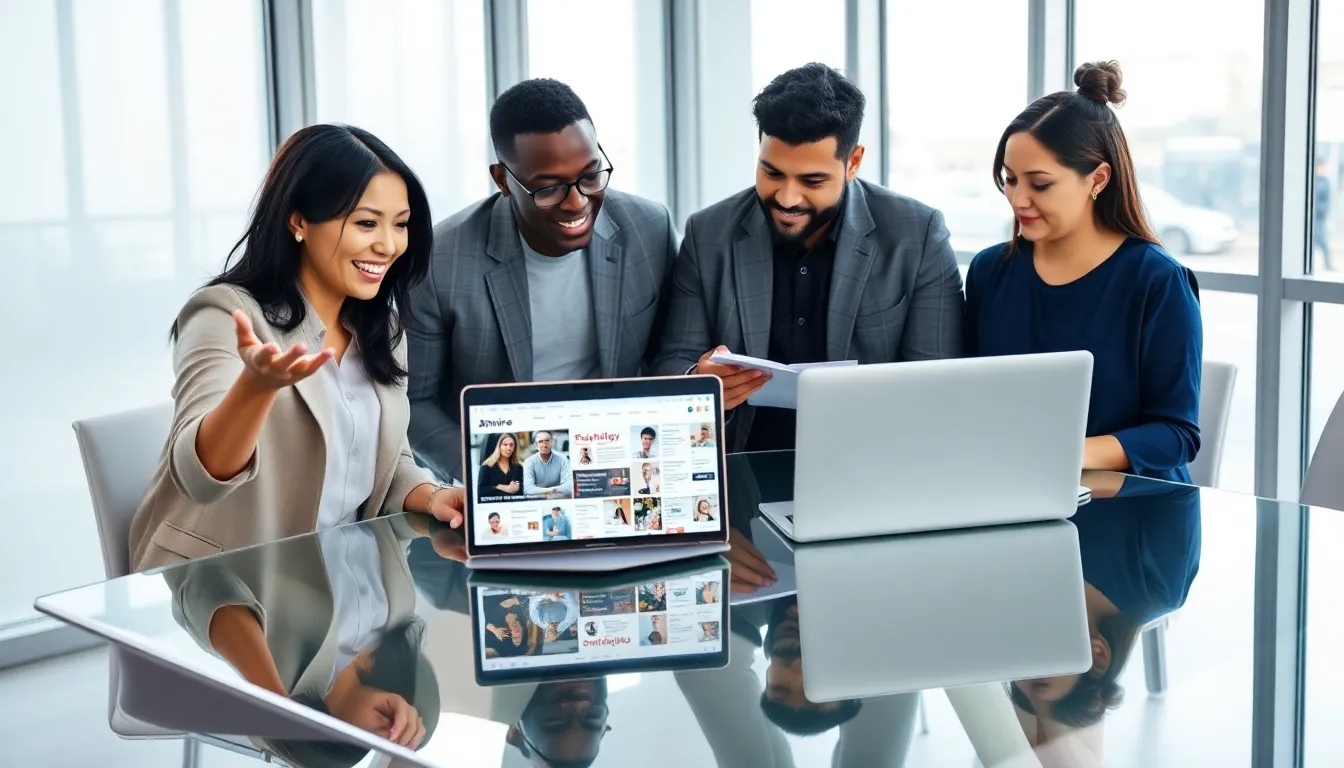 diverse professionals discussing interactive content in a modern office.